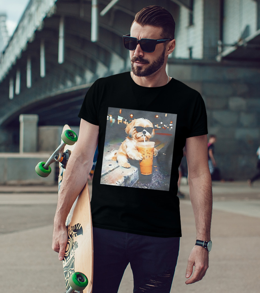 Shih Tzu Enjoying Iced Coffee At Night With Sunglasses T-Shirt