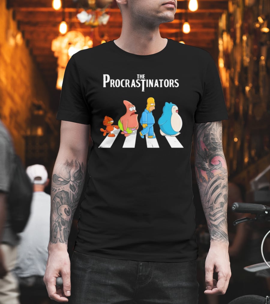 The Procrastinators Cartoon Abbey Road Parody with Iconic Characters Crossing T-Shirt