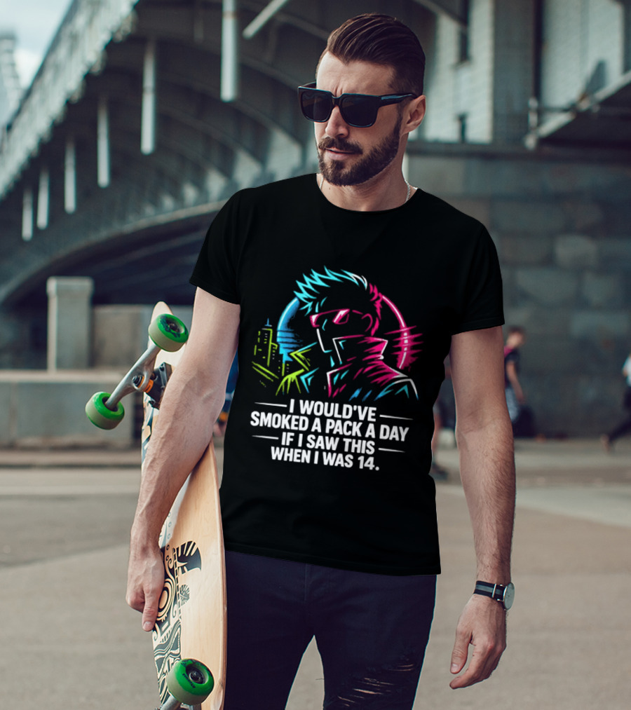 I Would've Smoked A Pack A Day If I Saw This When I Was 14 Retro Cyberpunk Cool Neon Cityscape T-Shirt