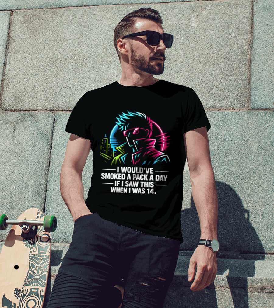 I Would've Smoked A Pack A Day If I Saw This When I Was 14 Retro Cyberpunk Cool Neon Cityscape T-Shirt