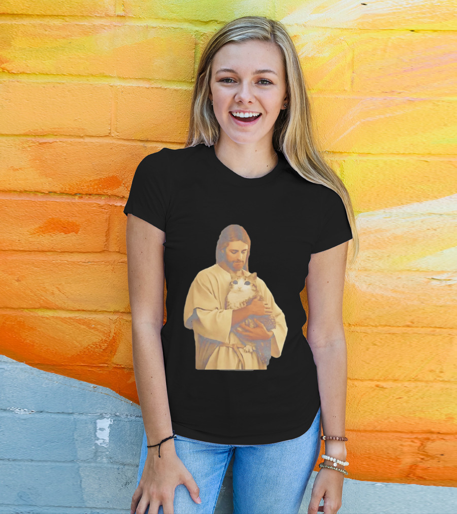 Jesus Embracing Chubby Cat T-Shirt