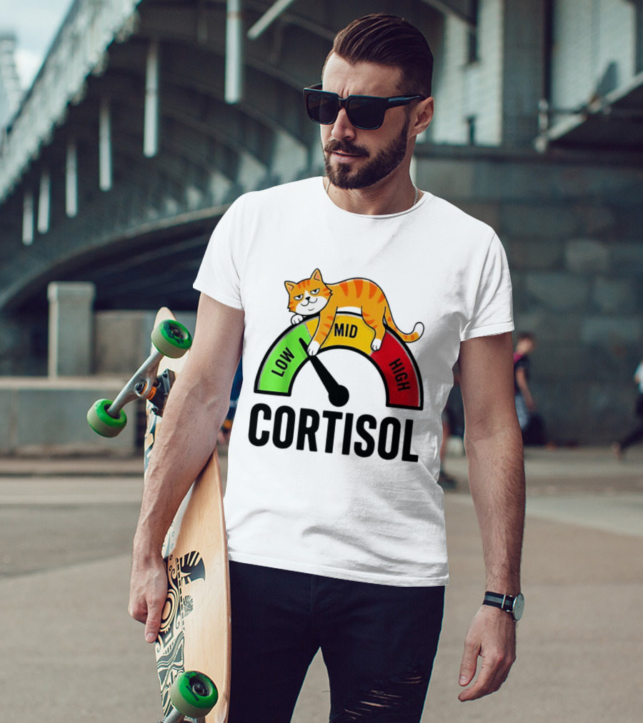 Cat Low Mid High Cortisol Level Meter With Relaxed Orange Cat T-Shirt