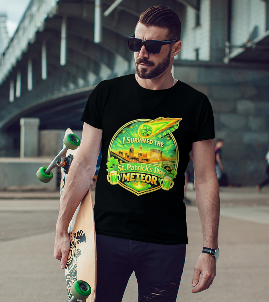 I Survived The St Patrick's Day Meteor 2026 Cityscape And Cloverburst T-Shirt