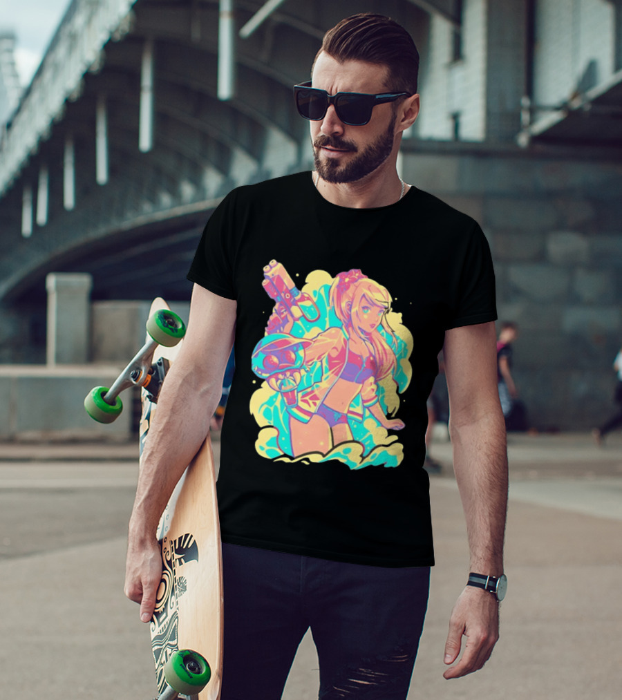 Metroid Water Games Neon Anime Girl With Water Gun And Floating Creature T-Shirt