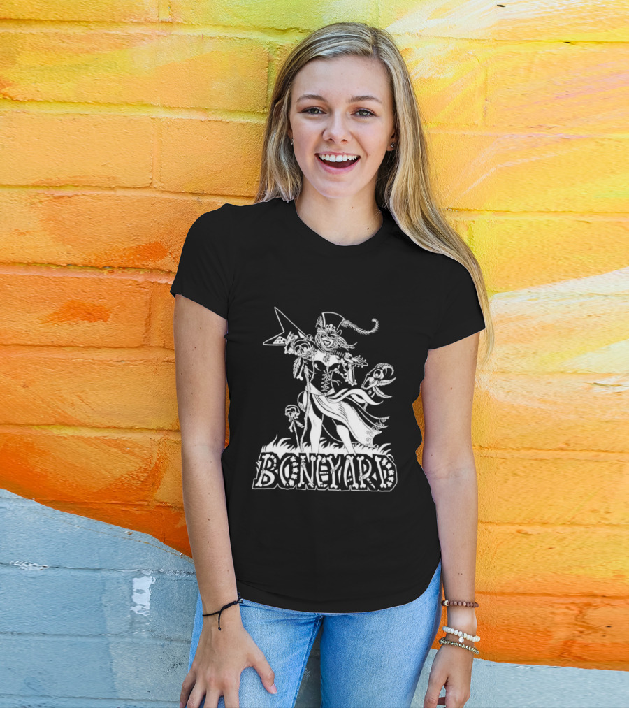 Boneyard Rocker Skeleton Woman Flying V Guitar T-Shirt