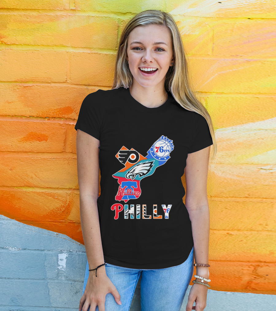 Philadelphia Flyers 76ers Eagles Phillies PHILLY Sports Logos State Map T-Shirt