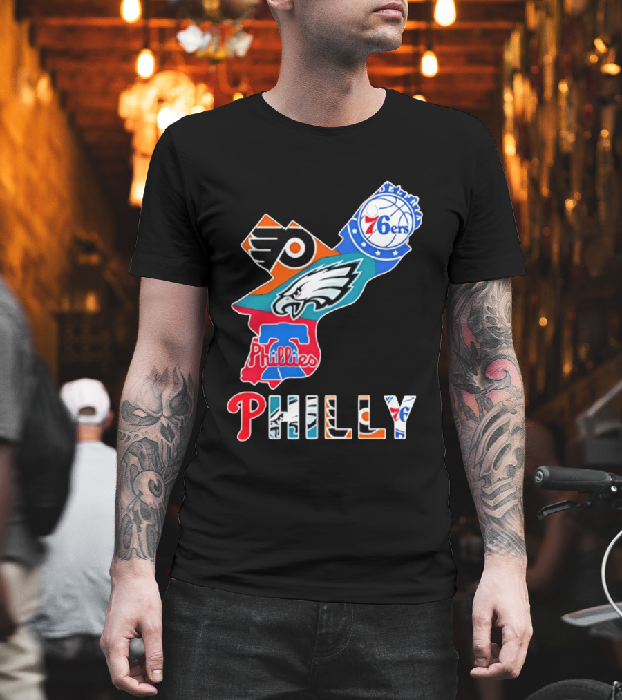 Philadelphia Flyers 76ers Eagles Phillies PHILLY Sports Logos State Map T-Shirt