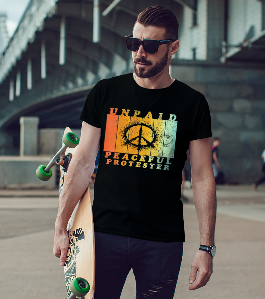 Unpaid Peaceful Protester Identity With Vintage Peace Symbol Rainbow Stripes T-Shirt