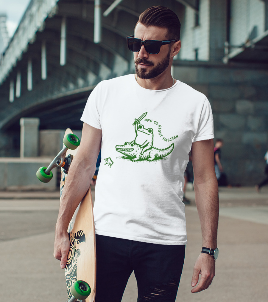 Off To Fight Fascism Unhinged Frog Riding Alligator Sword Meme T-Shirt