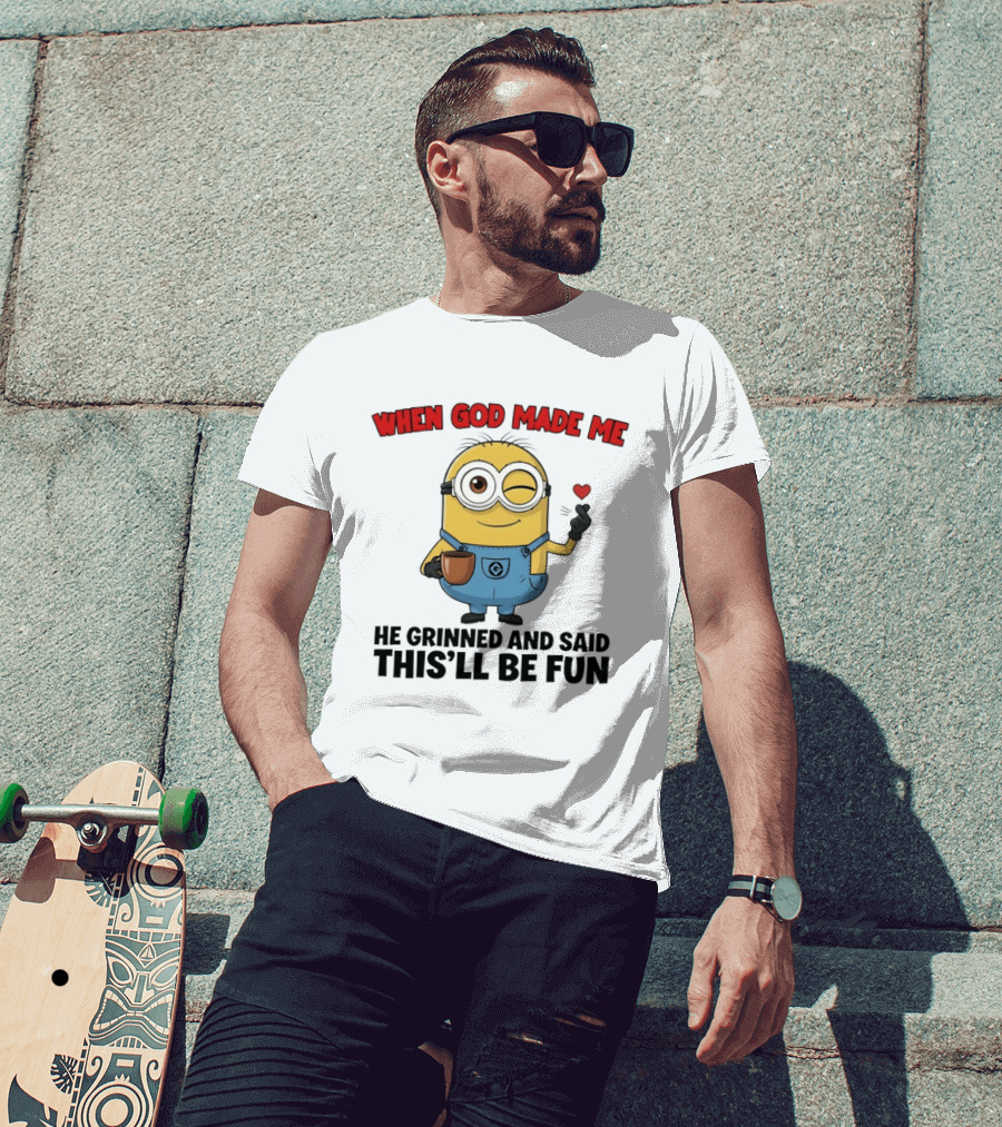 Minion When God Made Me He Grinned And Said This'll Be Fun Winking Coffee Cute Cartoon T-Shirt