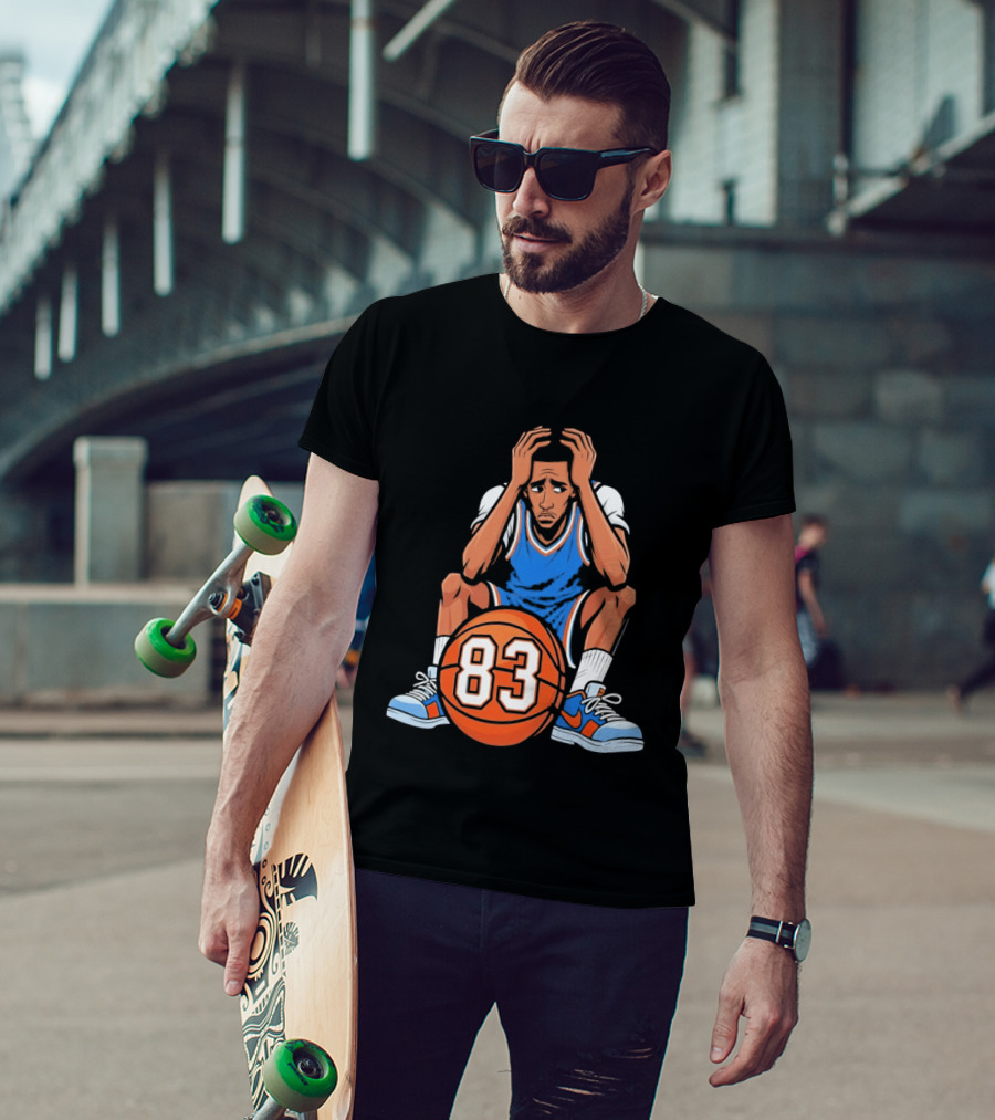 Basketball Player Caricature 83 Sitting Blue Orange Jersey Sneakers T-Shirt