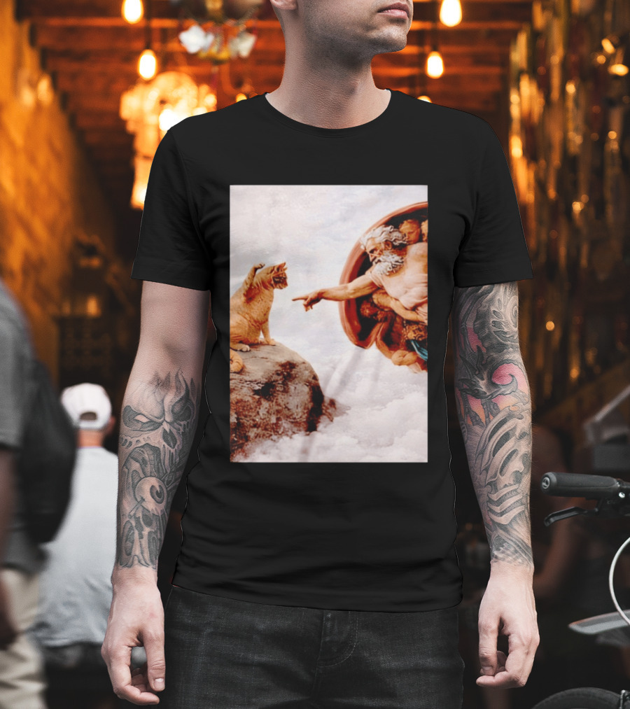 The Creation of Cat Michelangelo Parody Cats Touching Paws T-Shirt