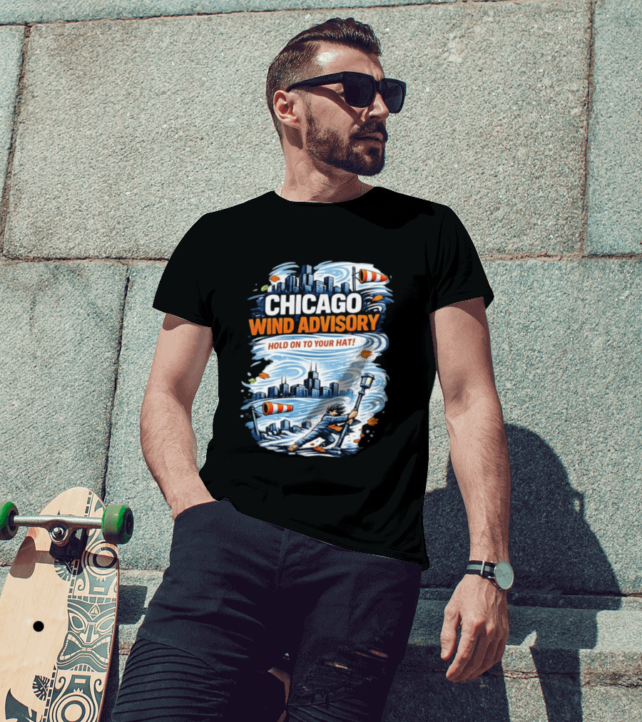 Chicago Wind Advisory Hold On To Your Hat Cityscape And Skyline Scene T-Shirt