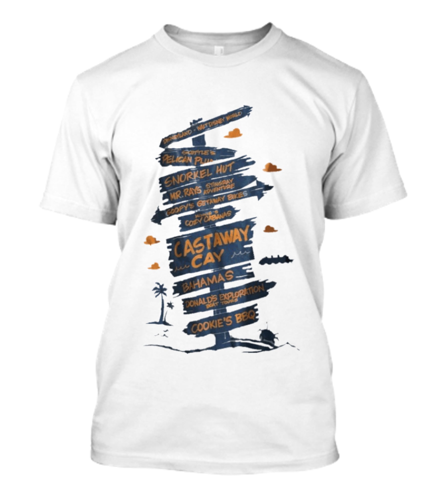 Castaway Cay Bahamas Adventure Signpost Donald's Boat Tours Cookie's BBQ T-Shirt