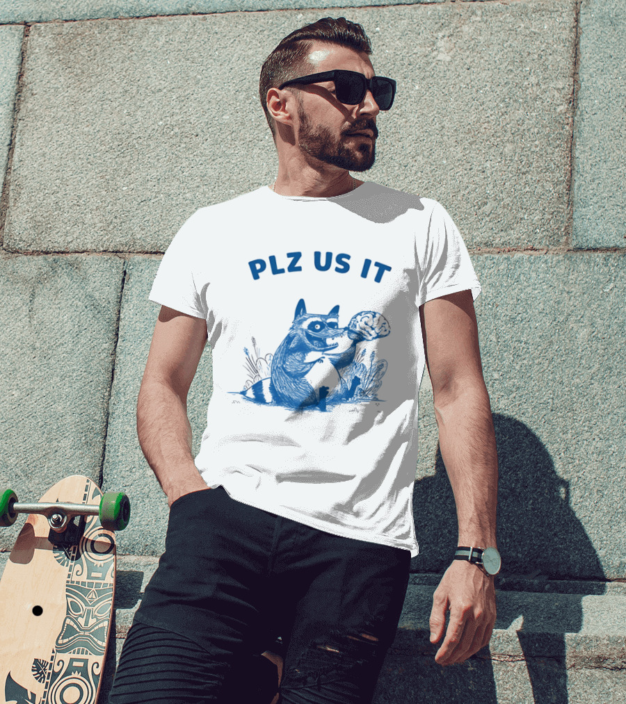 Plz Us It Raccoon With Brain Drawing T-Shirt