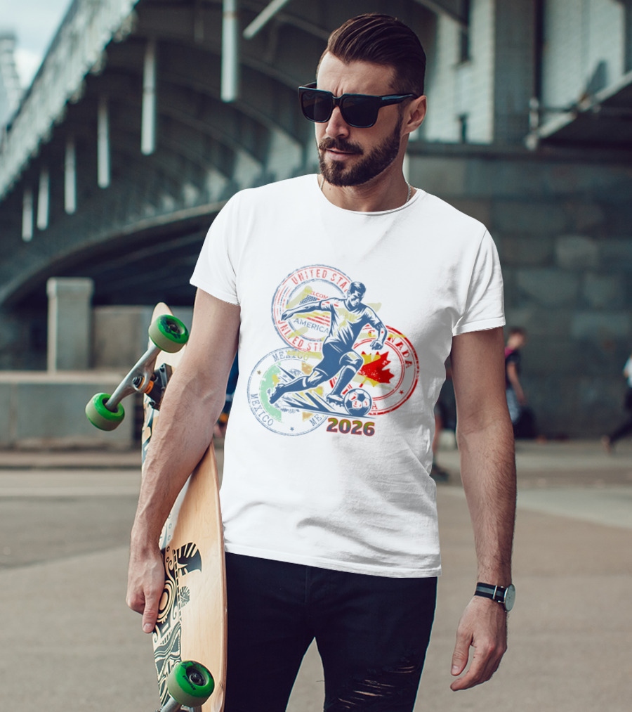 World Cup 2026 Soccer Player Canada USA Mexico Flags T-Shirt