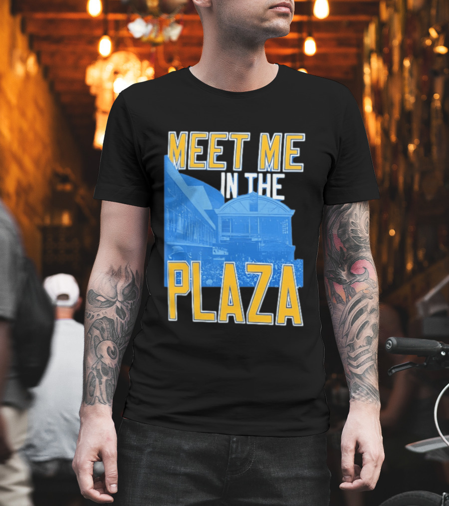 Meet Me In The Plaza Urban Architecture Blue And Yellow T-Shirt