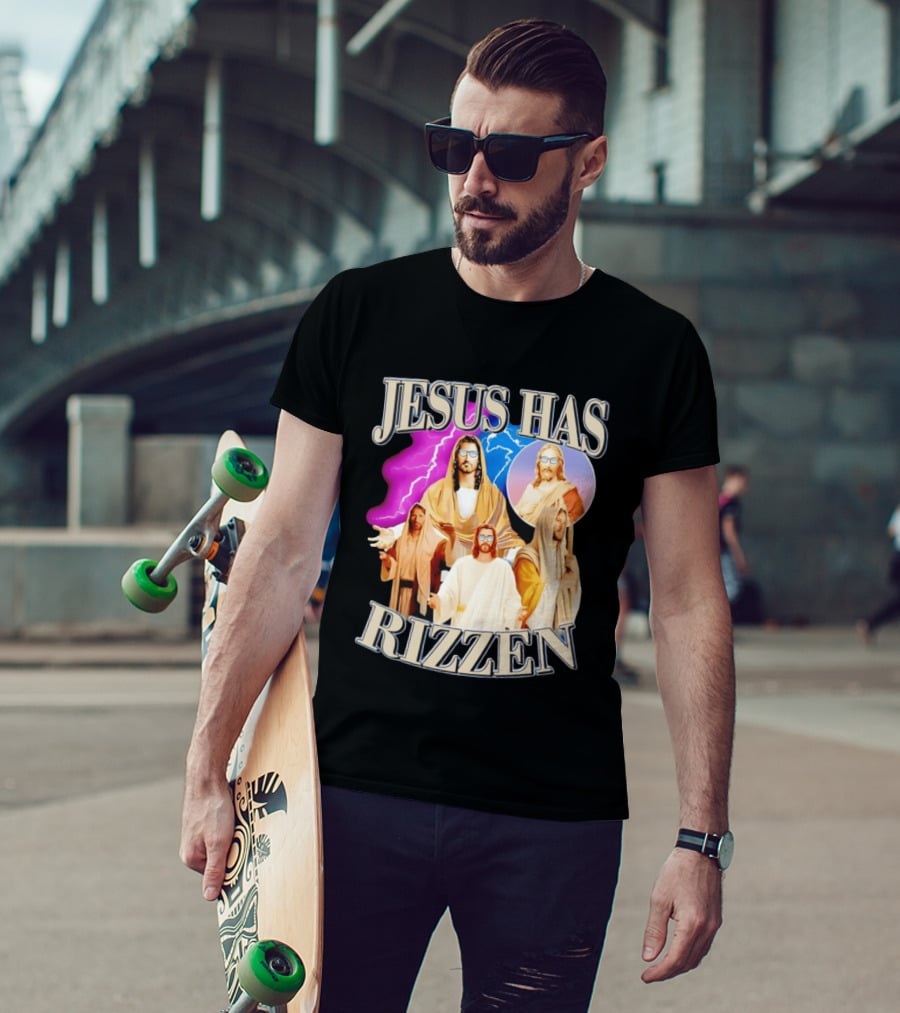 Jesus Has Rizz'en Meme Humor Lightning Vibes Sunglasses T-Shirt