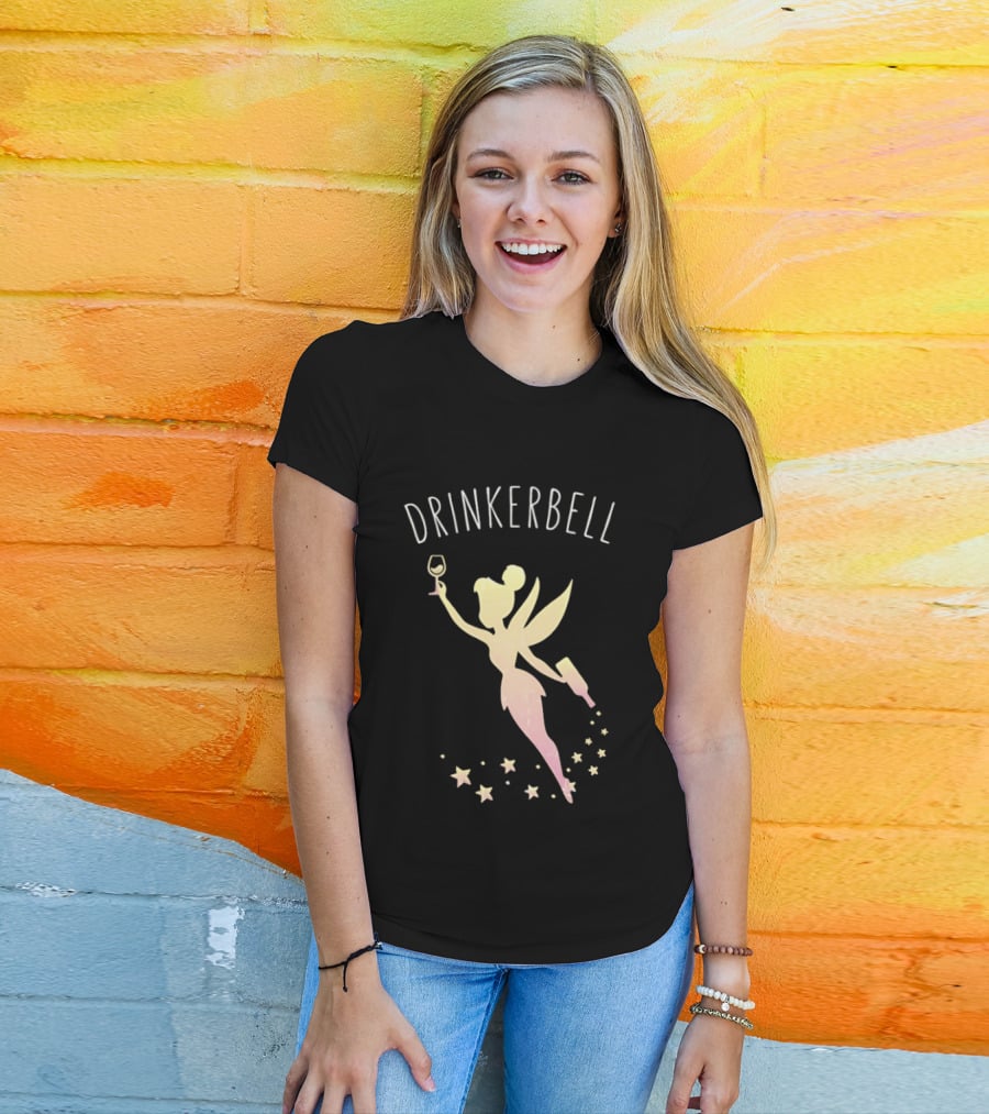 DRINKERBELL Fairy Holding Wine Glass And Bottle With Star Magic T-Shirt
