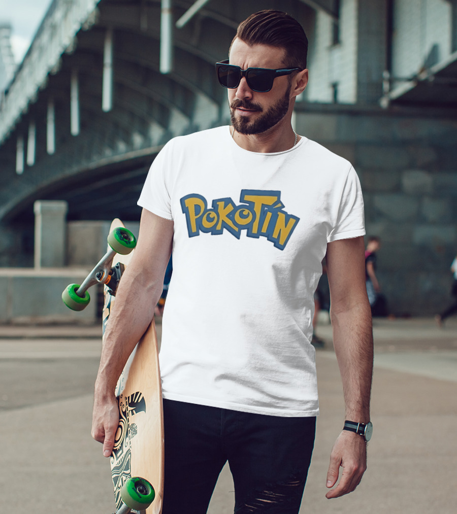 Pokotin Font Style Text In Yellow And Blue T-Shirt