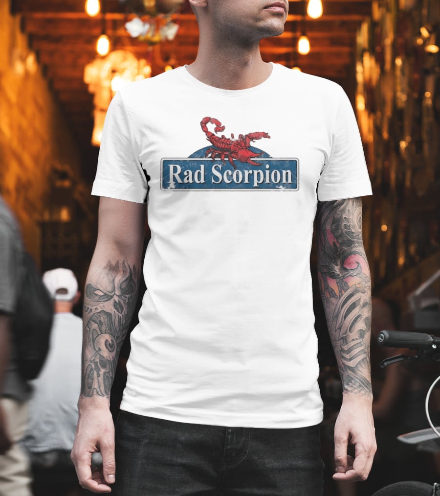 Rad Scorpion Retro Style Distressed Blue Street Sign With Red Scorpion T-Shirt