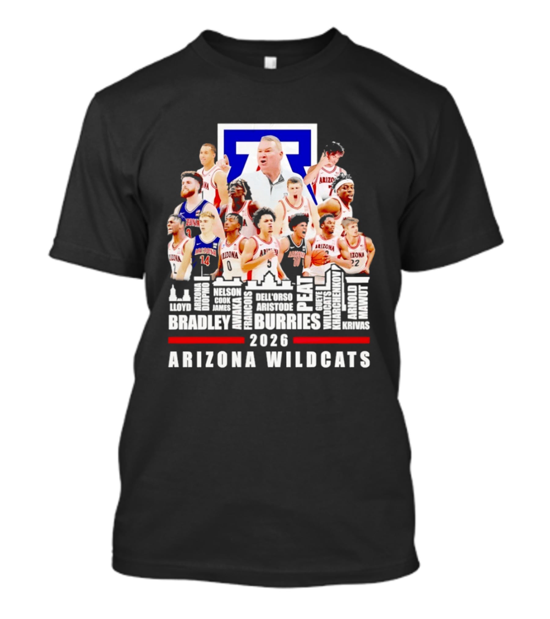Arizona Wildcats Men's Basketball Coach And Players Final Four 2026 City Skyline Bradley Druries T-Shirt