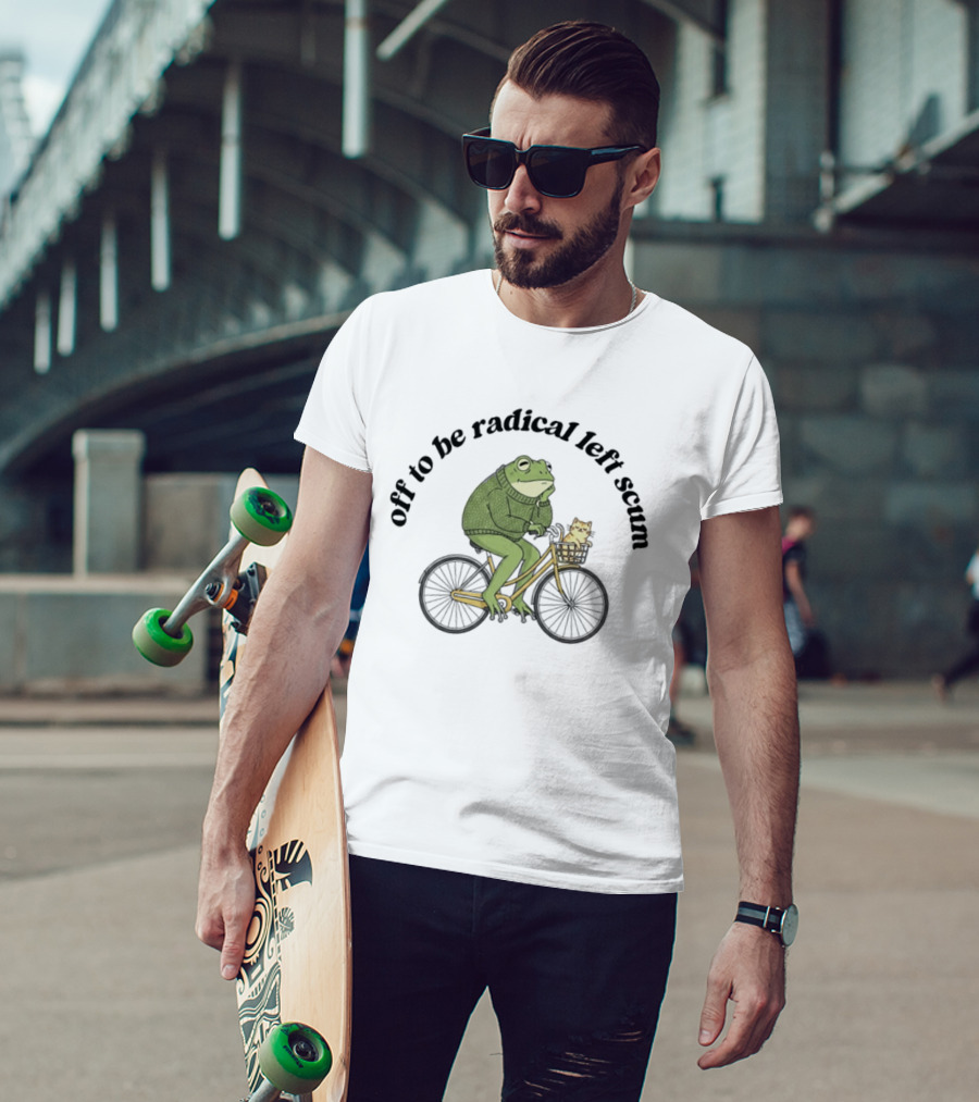 Off To Be Radical Left Scum Frog And Cat On Bicycle T-Shirt