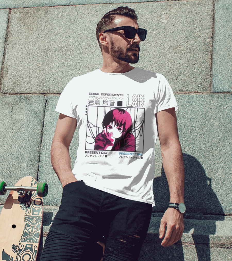 Serial Experiments Lain Present Day Present Time Japanese Text Retro Aesthetic T-Shirt