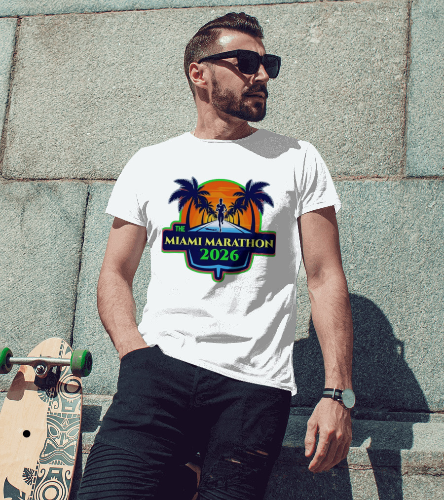 The Miami Marathon 2026 Palm Trees Sunset Runner T-Shirt