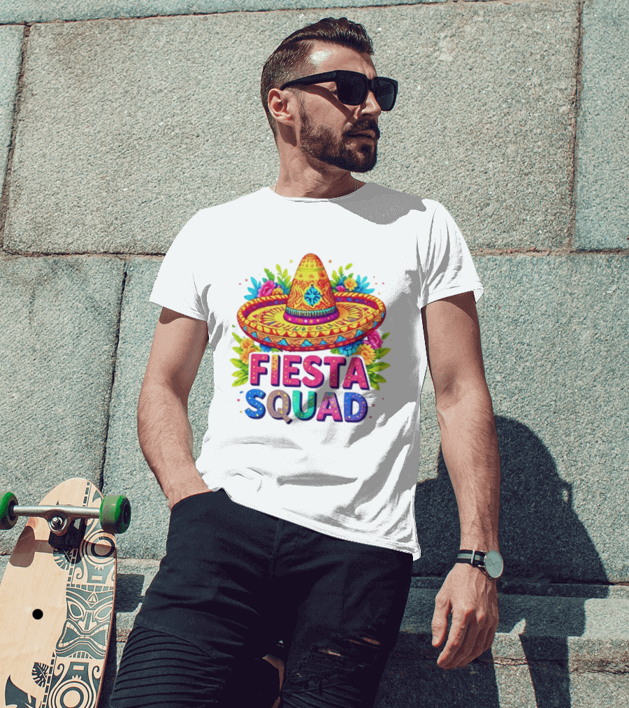 Fiesta Squad Colorful Sombrero And Flowers Cinco De Mayo Celebration T-Shirt