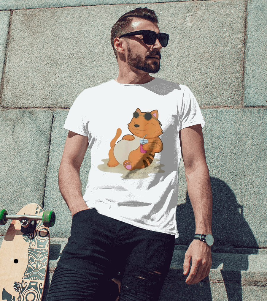 Cat Relaxing With Sunglasses And Drink On Beach Summer Vibes T-Shirt