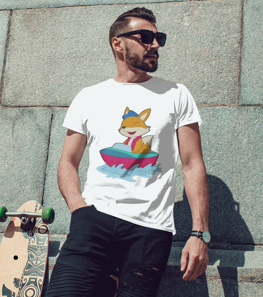 Cheerful Fox Sailing In Colorful Boat With Blue Hat And Pink Life Vest T-Shirt