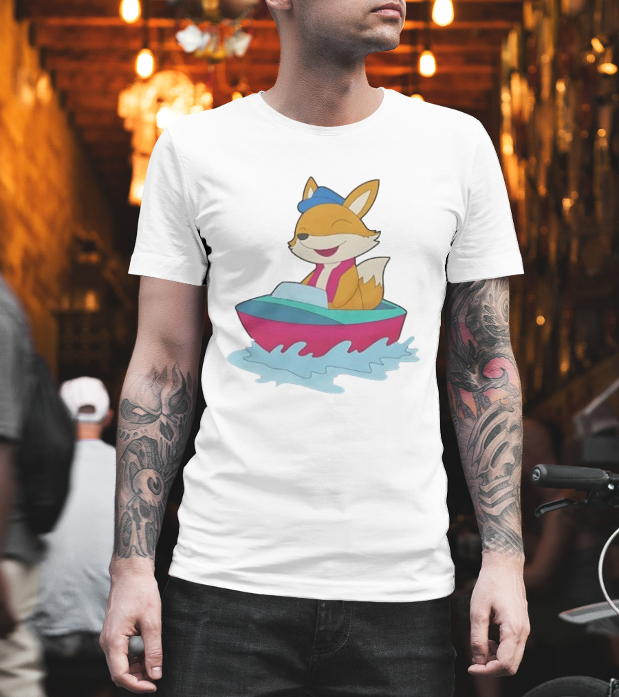 Cheerful Fox Sailing In Colorful Boat With Blue Hat And Pink Life Vest T-Shirt