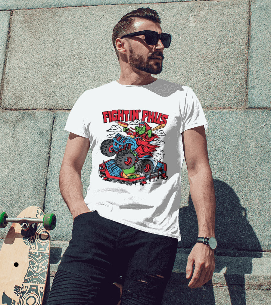 Fightin' Phils Monster Truck Creature Riding Over Baseball Stadium With Bats T-Shirt