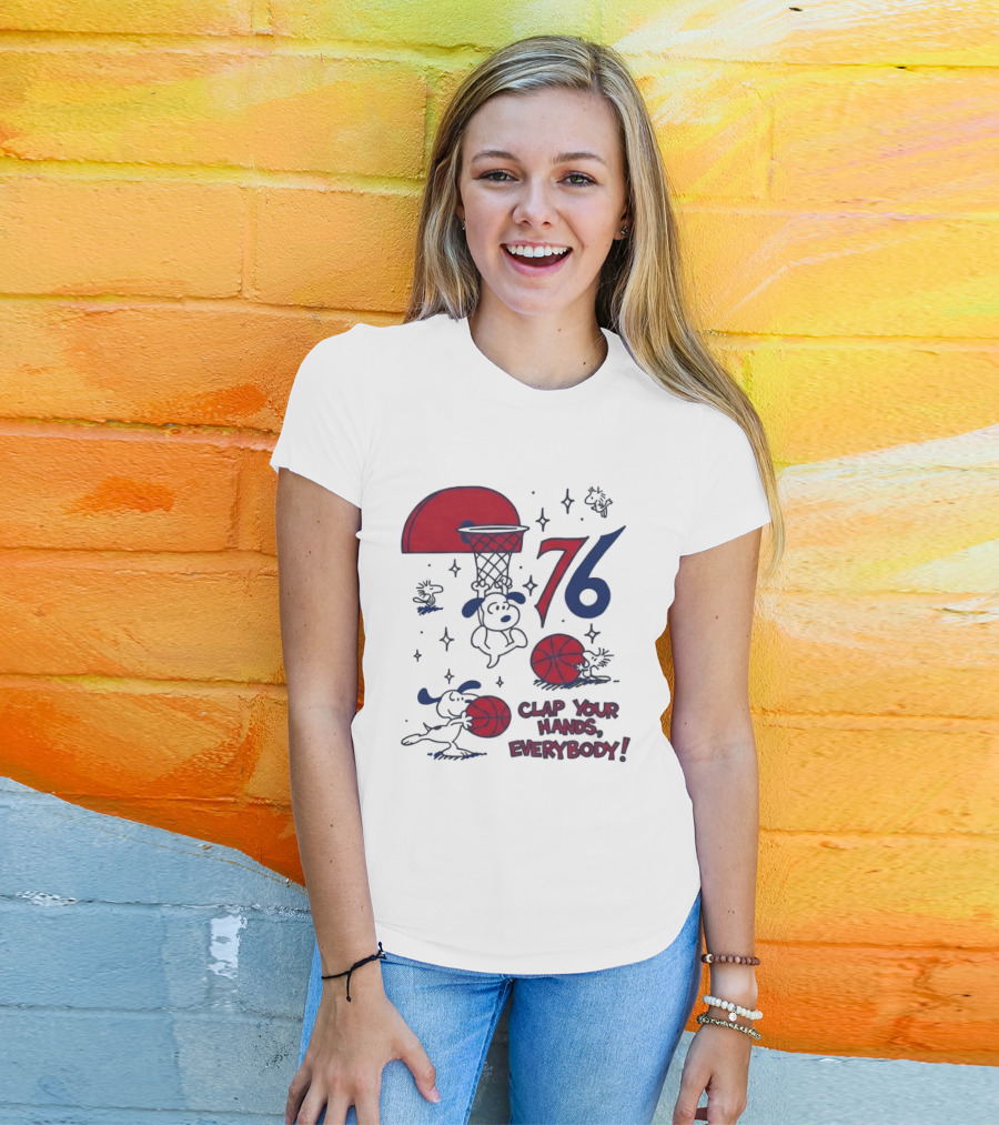 Snoopy Philadelphia 76ers Clap Your Hands Everybody Basketball Theme With Red And Blue T-Shirt