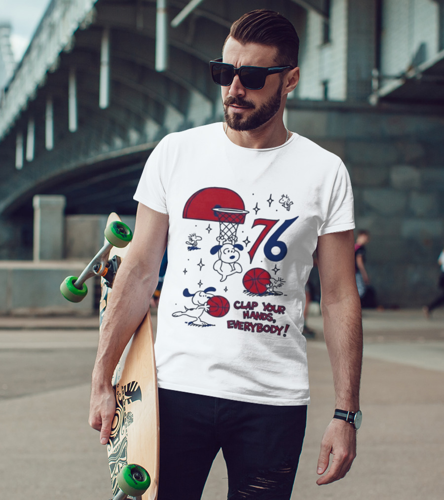 Snoopy Philadelphia 76ers Clap Your Hands Everybody Basketball Theme With Red And Blue T-Shirt