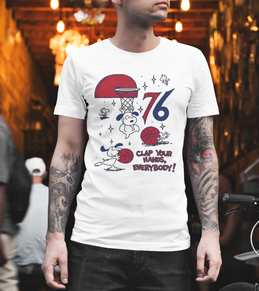 Snoopy Philadelphia 76ers Clap Your Hands Everybody Basketball Theme With Red And Blue T-Shirt