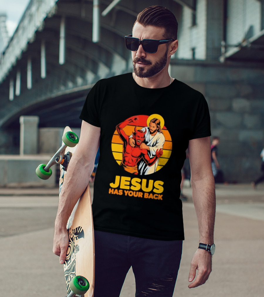Jesus Has Your Back Vintage Illustration With Devil And Halo Symbolism T-Shirt