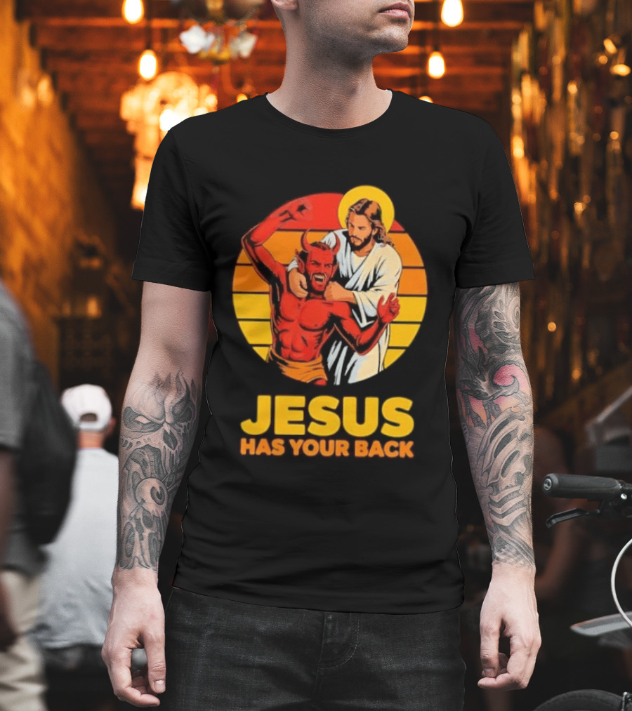 Jesus Has Your Back Vintage Illustration With Devil And Halo Symbolism T-Shirt