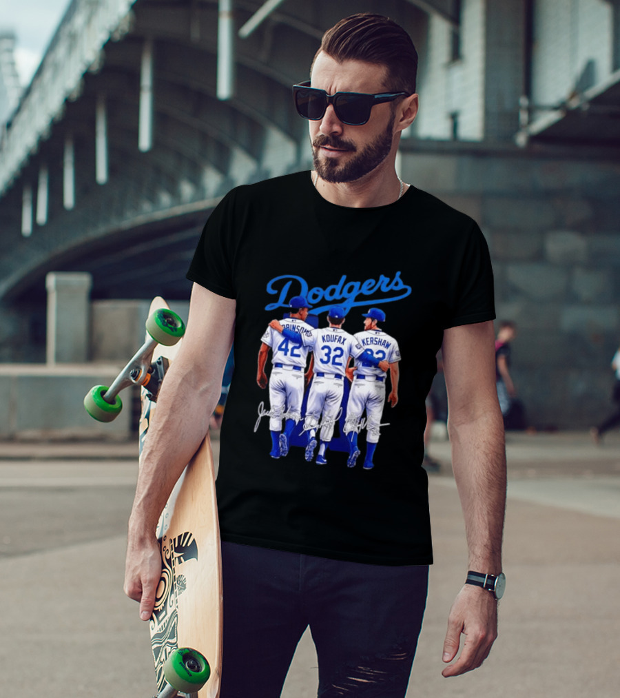 Los Angeles Dodgers Legendary Trio Jackie Robinson Sandy Koufax Clayton Kershaw Signatures T-Shirt