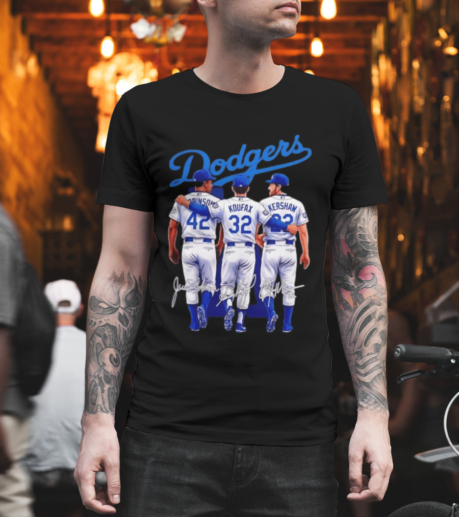 Los Angeles Dodgers Legendary Trio Jackie Robinson Sandy Koufax Clayton Kershaw Signatures T-Shirt