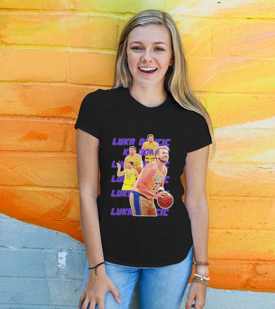 Luka Doncic Lakers 77 Action Shot Multiple Pose Purple Basketball Display T-Shirt