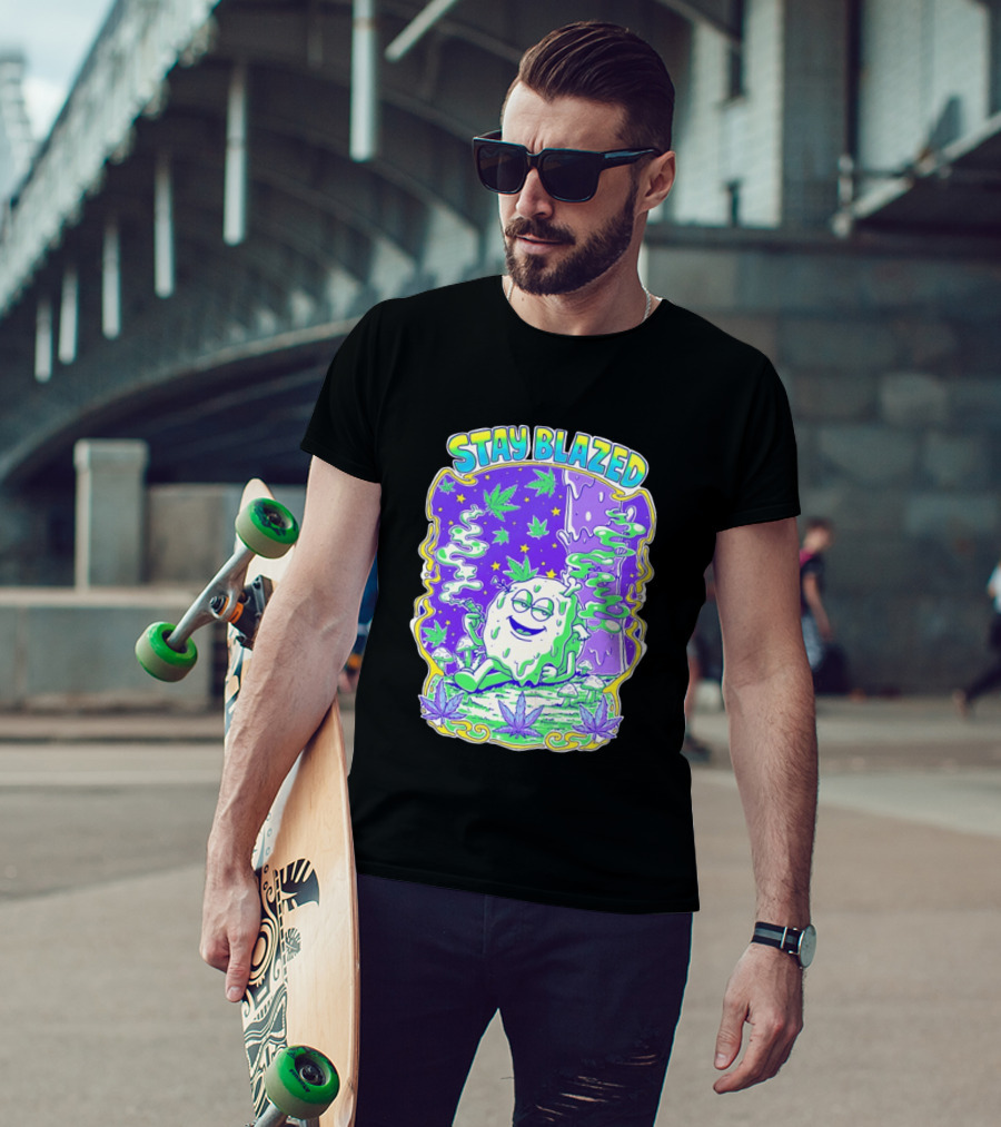 Stay Blazed Trippy Cannabis Character Psychedelic Art Leafs And Mushrooms T-Shirt