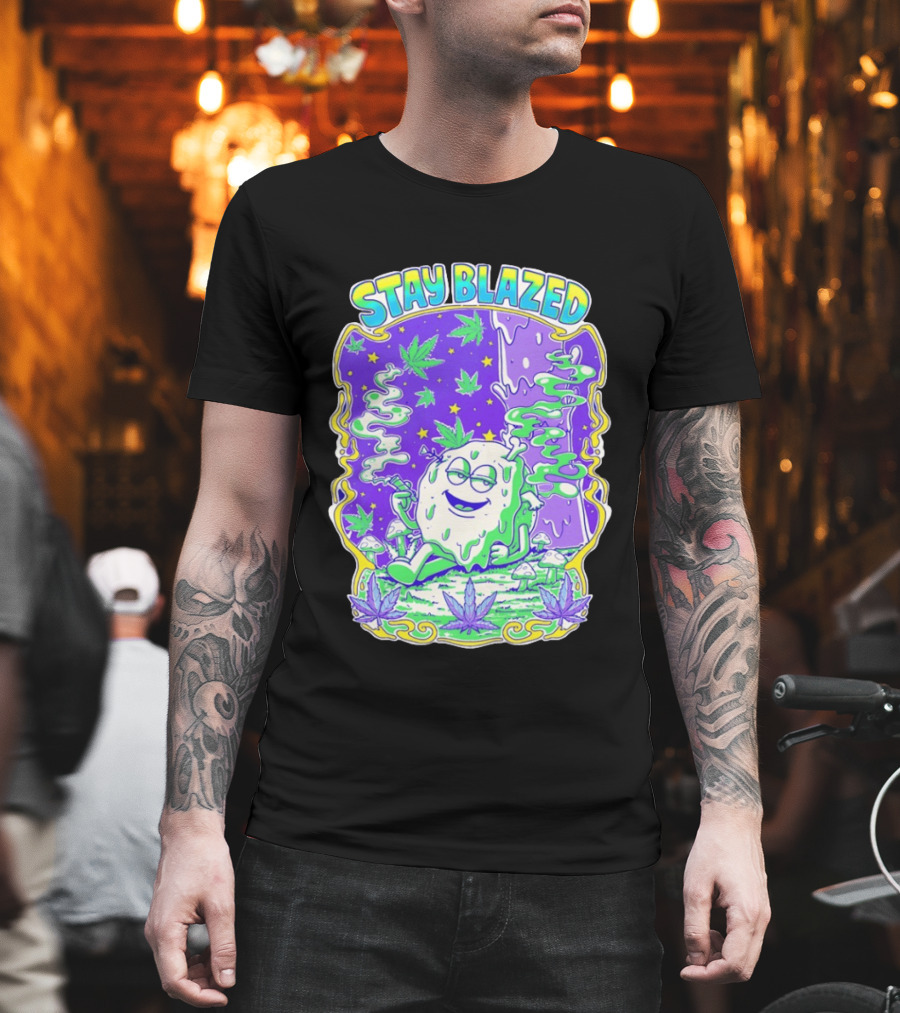 Stay Blazed Trippy Cannabis Character Psychedelic Art Leafs And Mushrooms T-Shirt