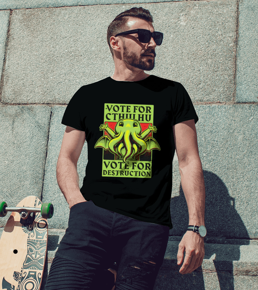 Vote For Cthulhu For Destruction Cartoon Alien Creature With Tentacles And Wings T-Shirt