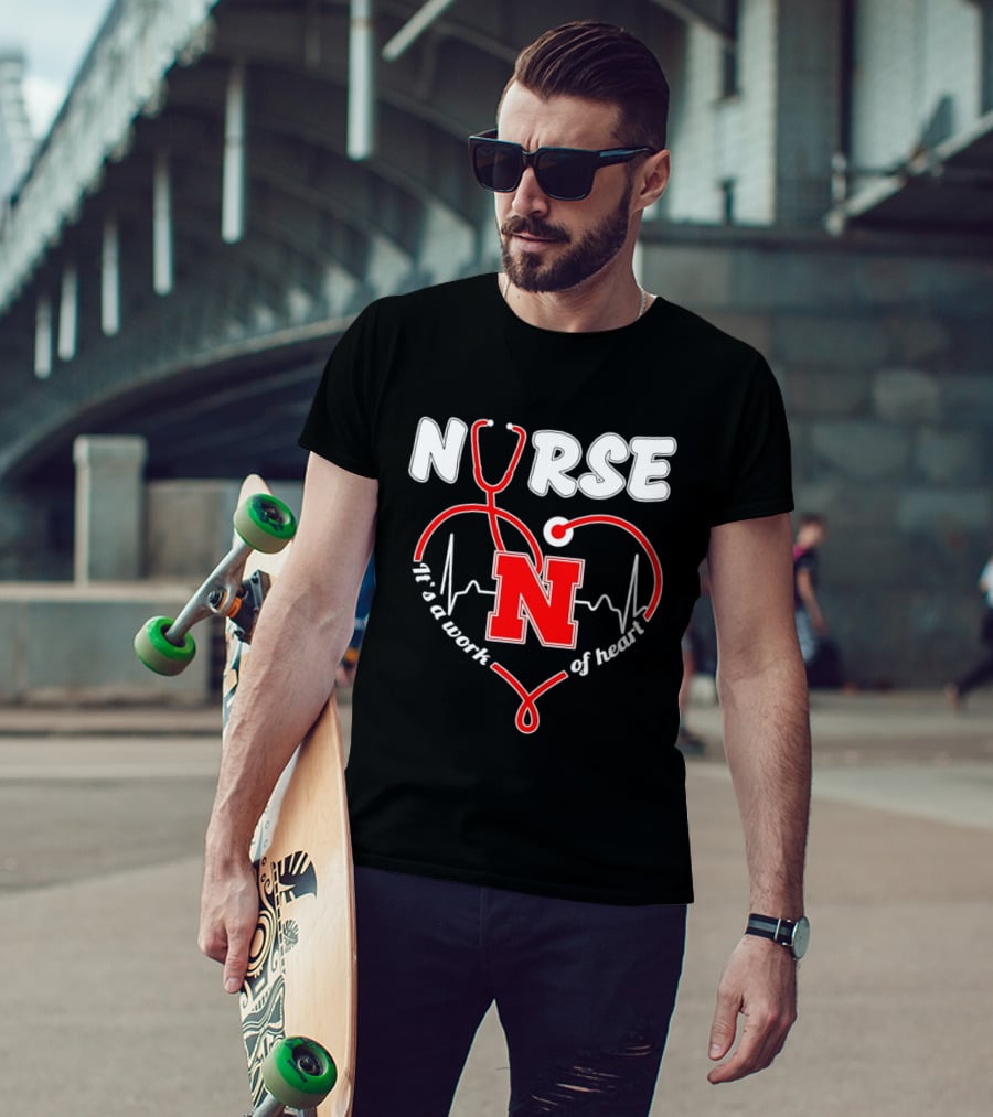 Nurse Stethoscope Heart Nebraska N It's A Work Of Heart T-Shirt