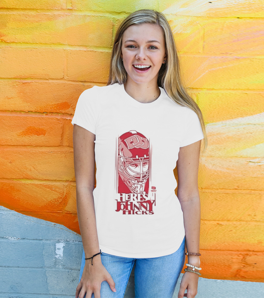 Here's Johnny Hicks Denver Pioneers Men's Ice Hockey Mask DJ T-Shirt