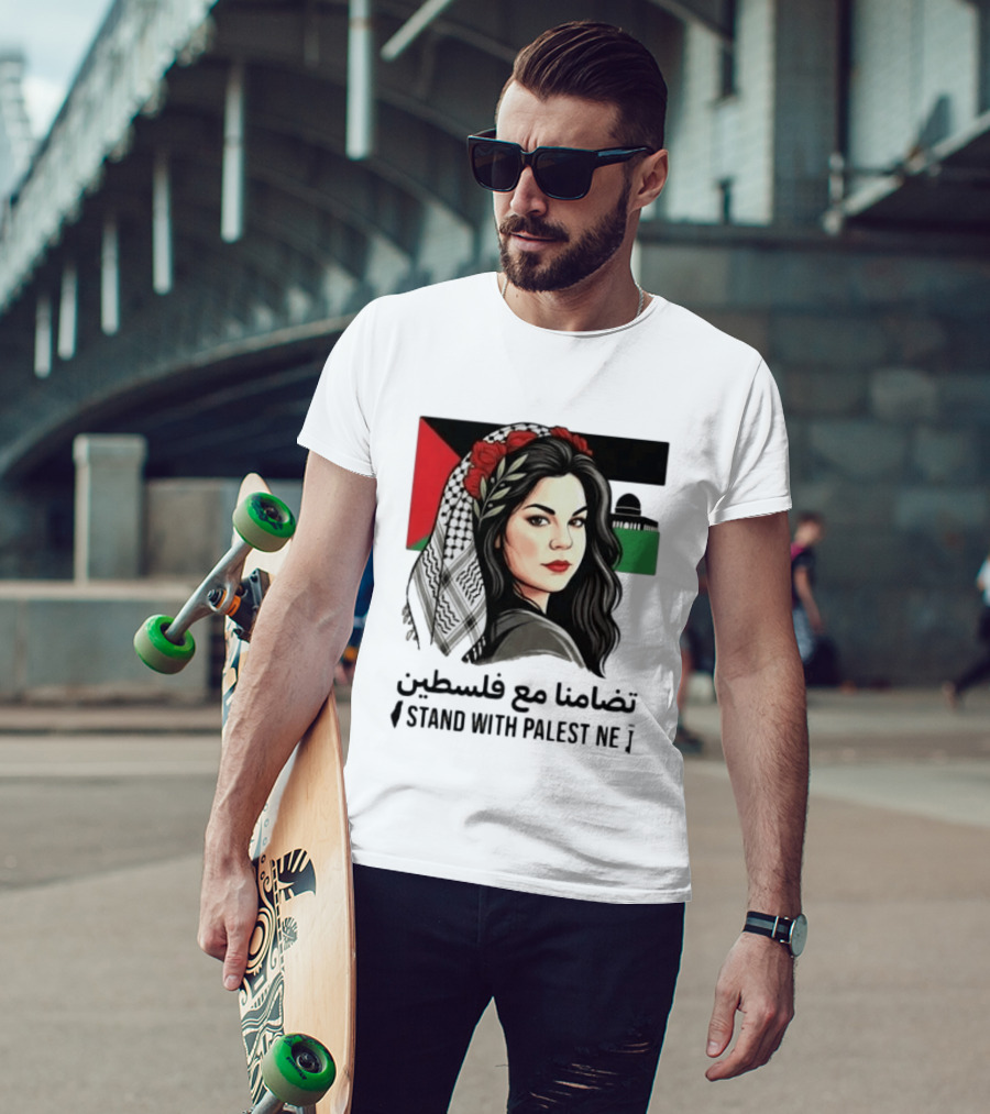 Stand With Palestine Women تضامنًا مع فلسطين Iconic Figure With Traditional Scarf And Flag T-Shirt