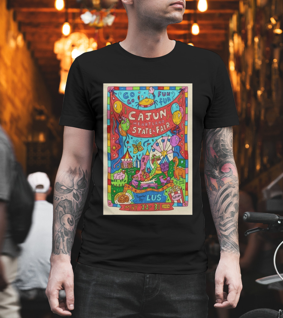 Cajun Heartland State Fair 2026 Go Go Fun May 22 31 LUS Popcorn Dinosaur T-Shirt