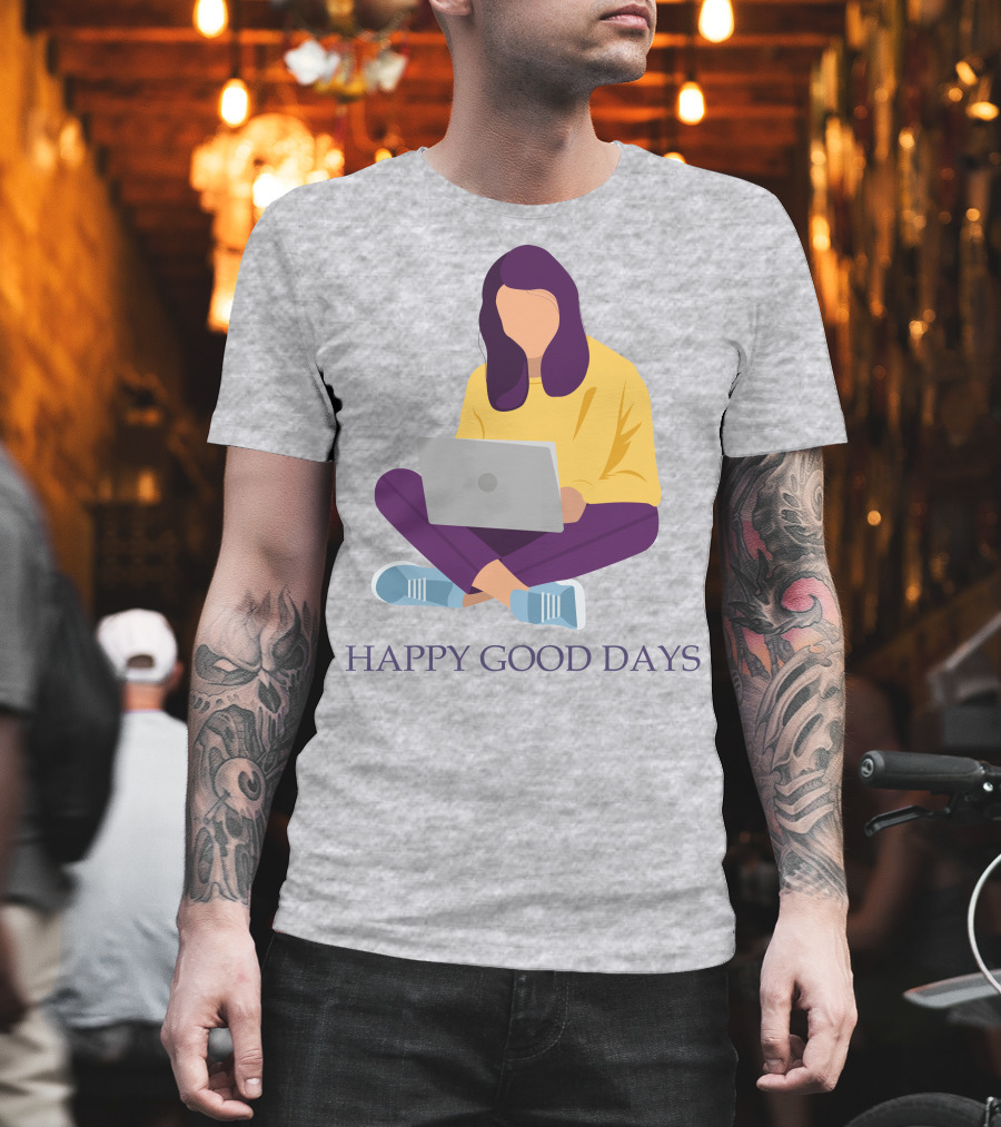 HAPPY GOOD DAYS Laptop Sitting Woman T-Shirt